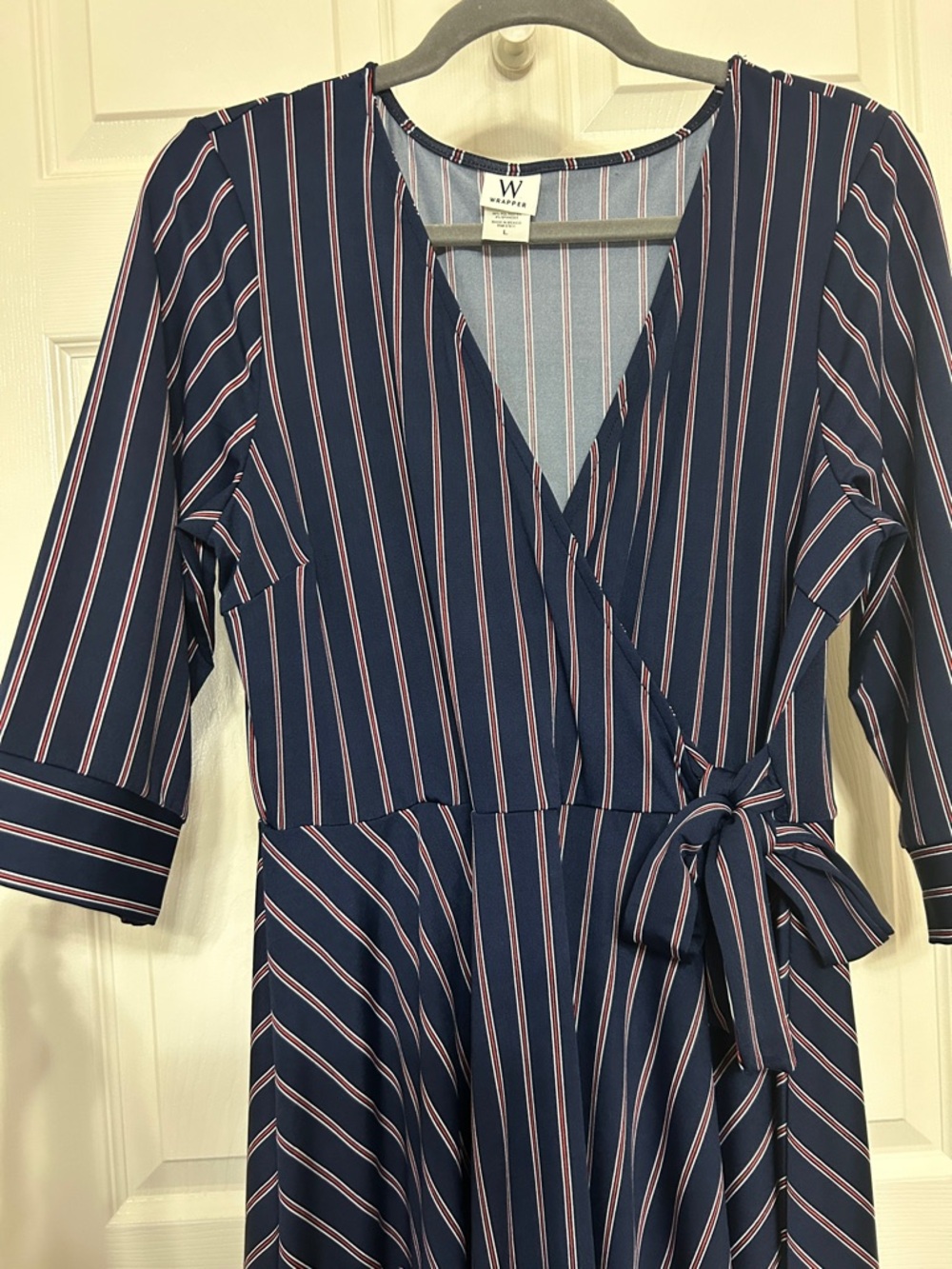Wrapper Navy Striped Wrap Midi Dress Red and White Pin Stripes Handkerchief Hem